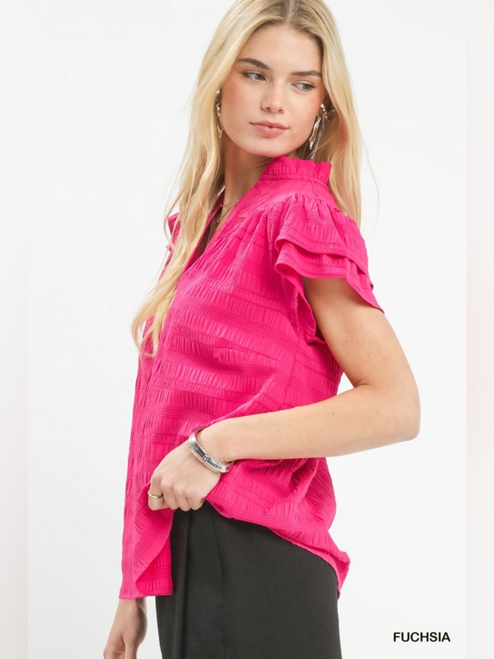 Umgee Textured Flutter Sleeve Split Neck Top - Picture 2 of 6